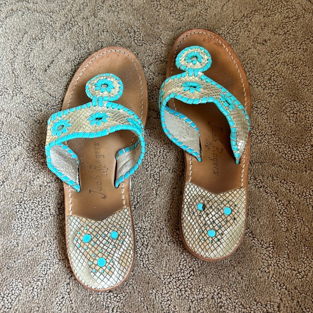Jack Rogers Gold and Teal Sandals